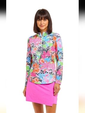 Ibkul Icifil Long Sleeve Sun Shirt: Zip Mock -Bamboo Gardens Multi